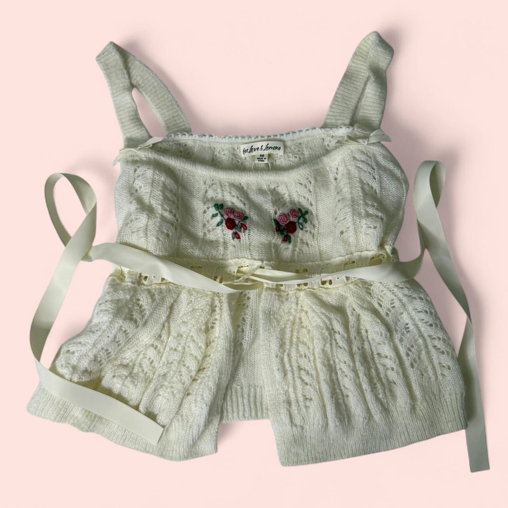 For Love And Lemons Ivory Knit Top with Floral Embroidery
